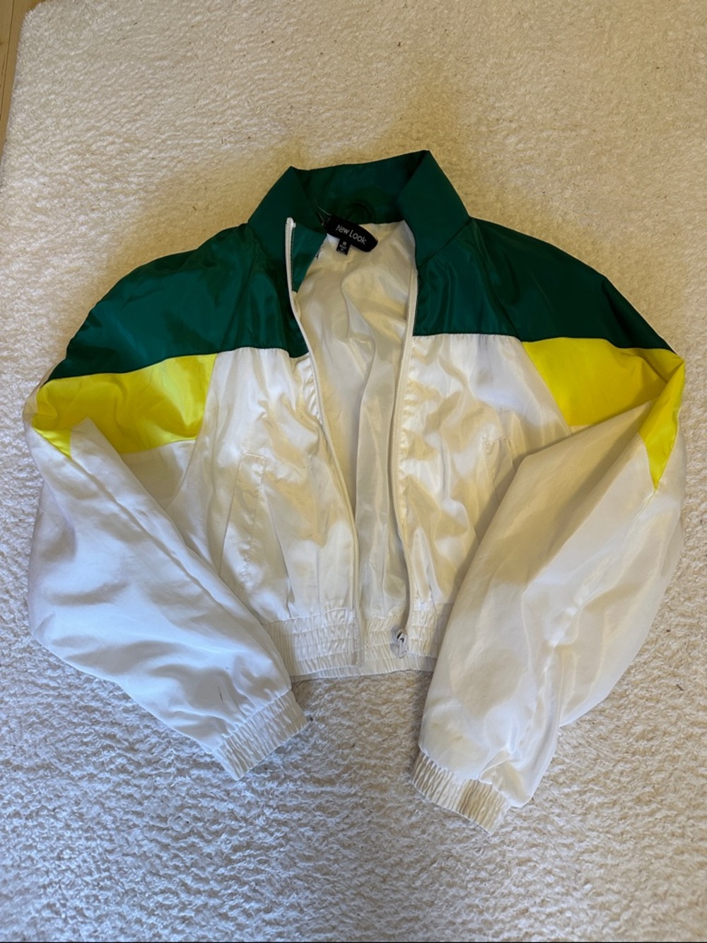 New Look White, Green & Yellow Cropped Colorblock Bomber Jacket